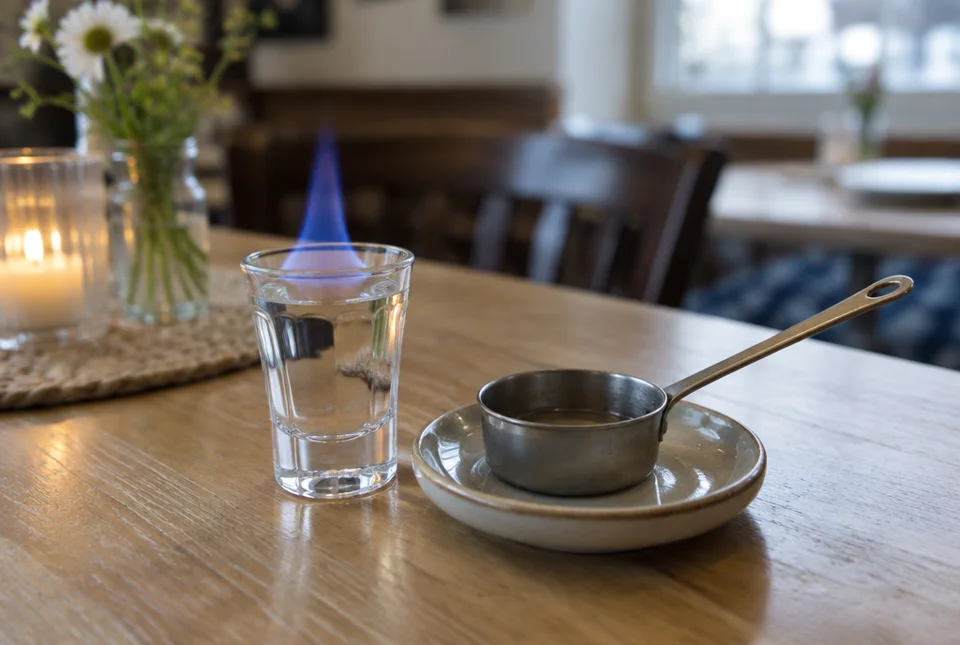 Illustration des Friesengeist-Brauchs mit Glas und Löschpfännchen